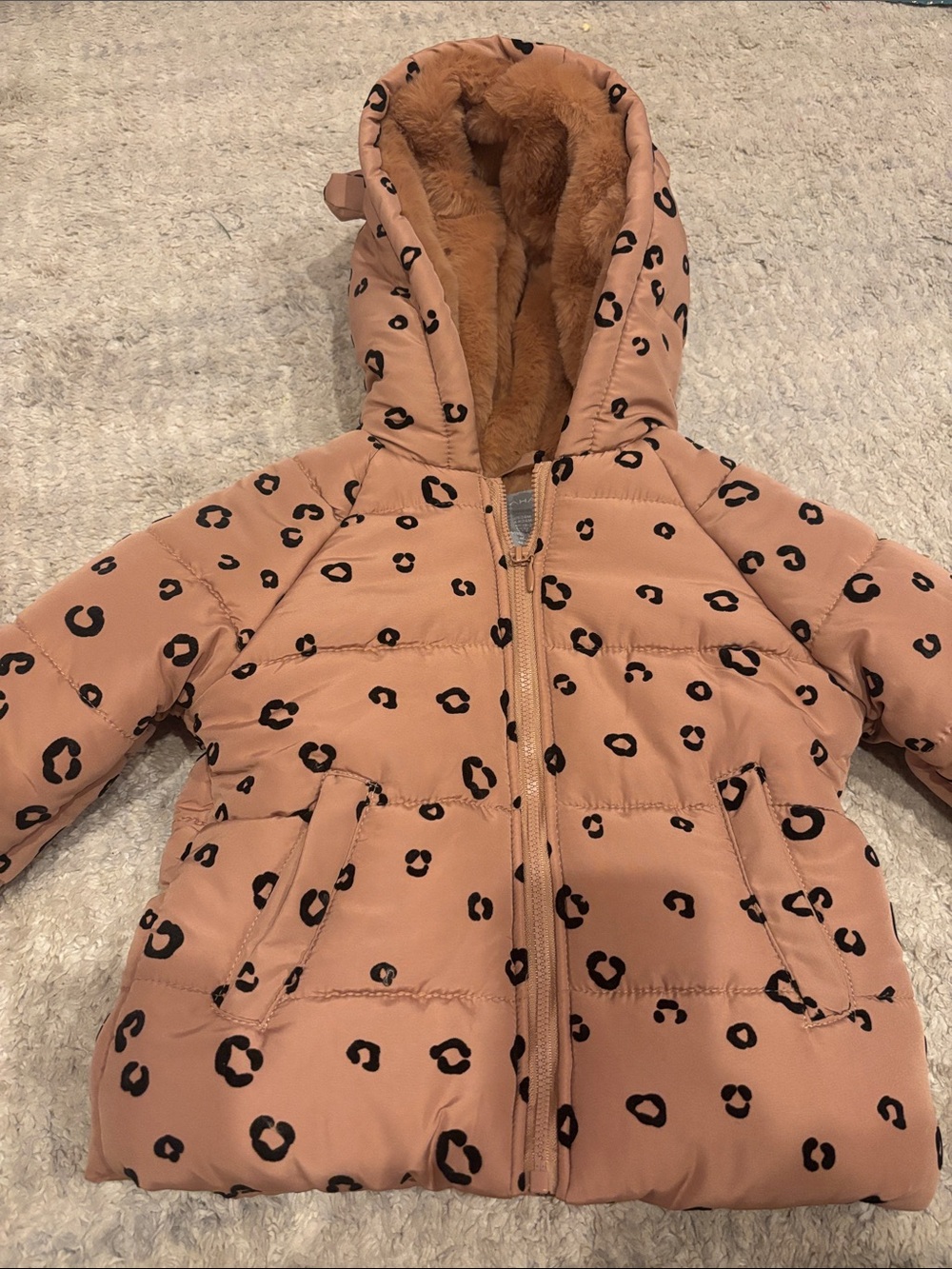 Tahari Toddler Girls Leopard Print Puffer Jacket with Faux Fur Hood